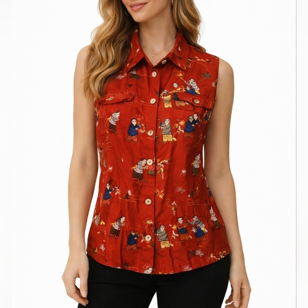 CHICO'S Red Asian Men Embroidered Sleeveless Button Down Silk Shirt